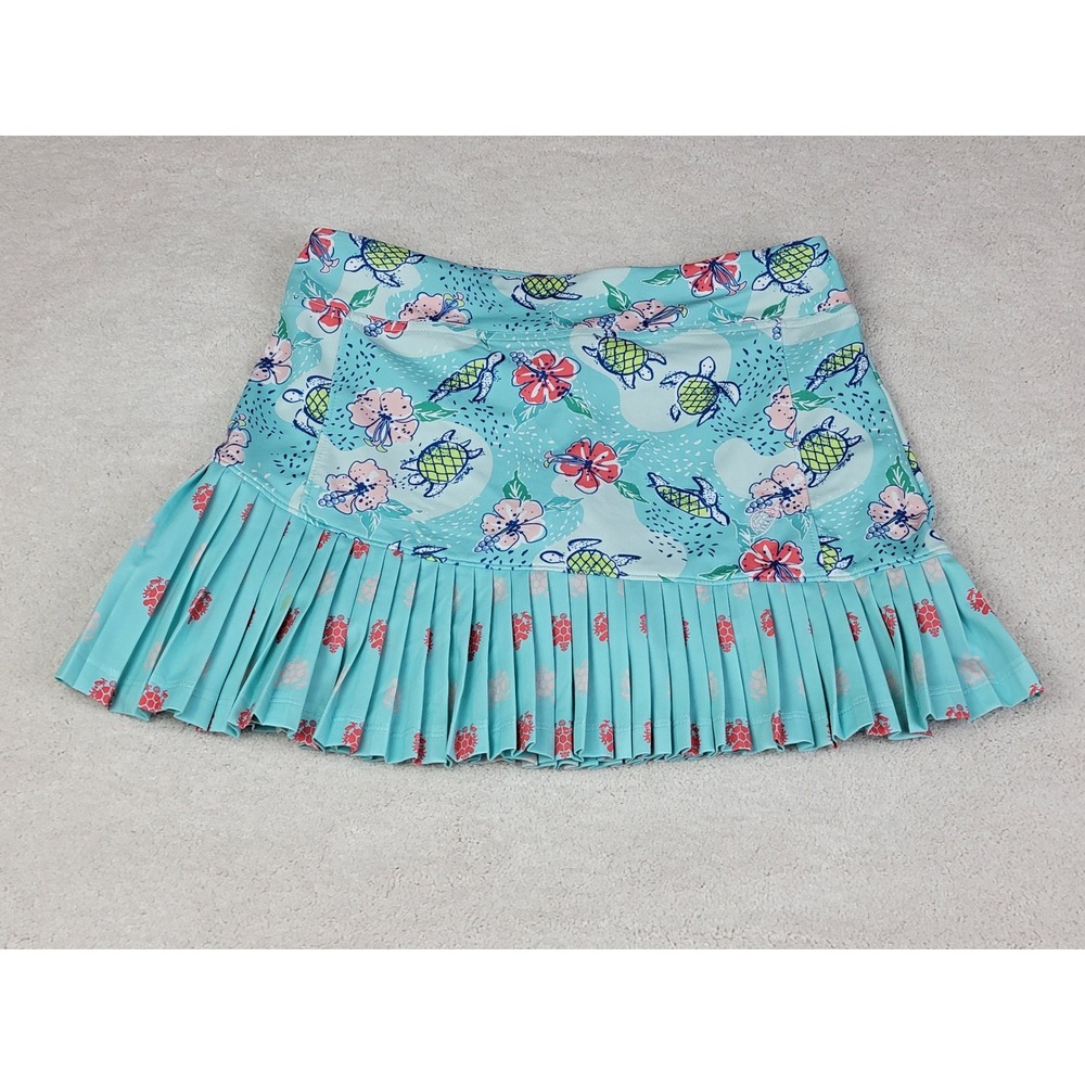 Turtles & Tees Girls Size L 10-12 Blue Turtle Hibiscus Pleated Golf Skort/Skirt
